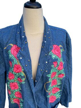 Denim Jacket Size XL With Rose Print & Studded Details Womens Vintage